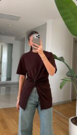 Brown Twist Front Short Sleeve T-Shirt