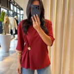 Red Asymmetric Button Detail Blouse