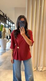 Red Asymmetric Button Detail Blouse