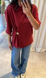 Red Asymmetric Button Detail Blouse - Image 2