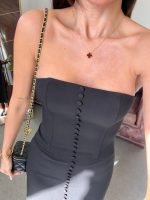 Black Strapless Button Front Midi Dress - Image 3