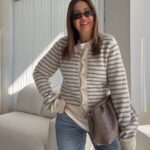Beige and Gray Striped Knit Cardigan