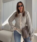 Beige and Gray Striped Knit Cardigan