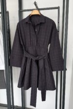 Black Plaid Belted Shirt Dress