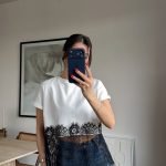 White Cropped T-Shirt With Black Lace Hem