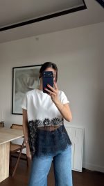 White Cropped T-Shirt With Black Lace Hem
