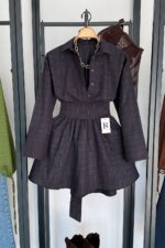 Black Plaid Belted Shirt Dress - Image 3