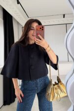 Black Cropped Button Front Top