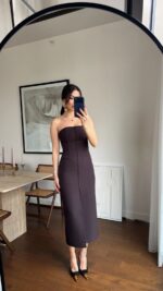 Strapless Button Front Black Midi Dress - Image 2