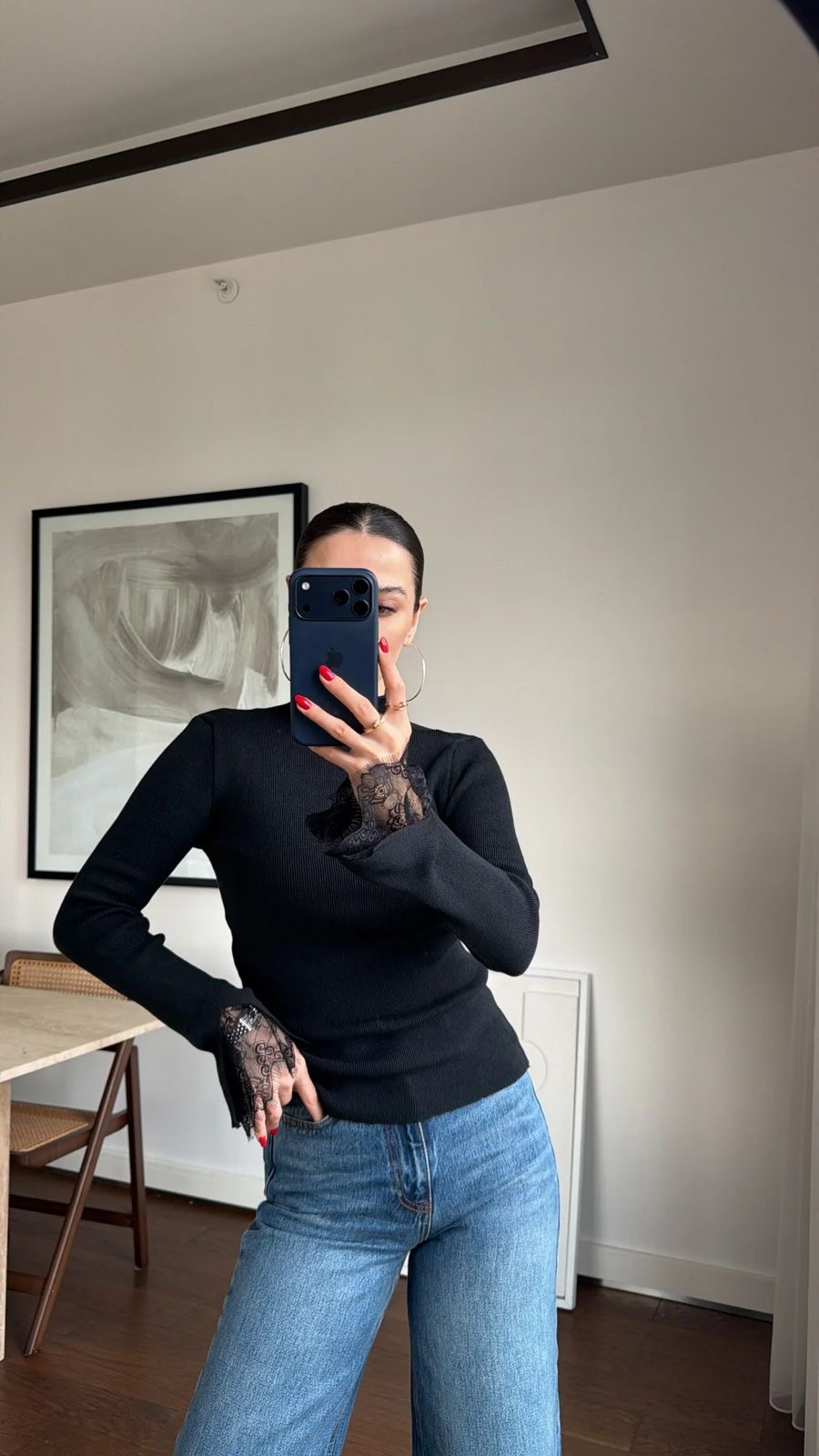 7a4f4caf-3844-4e14-bd6c-e4deabead224 Black Lace Cuff Knit Top - Image 1