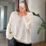 Cream Knit Sweater With Lace Trim