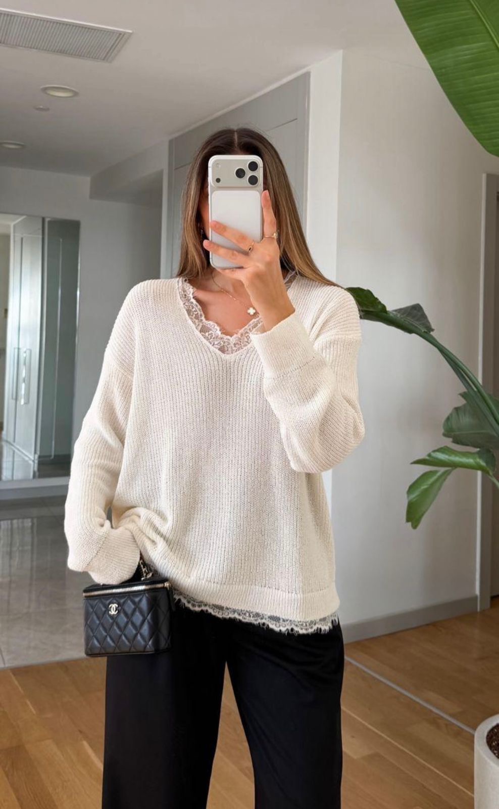 80515794-00a5-4561-8121-276013f12568 Cream Knit Sweater With Lace Trim - Image 1