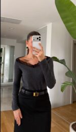 Dark Grey Lace Trim Long Sleeve Top