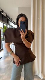 Brown Structured Asymmetrical Shoulder Top - Image 2