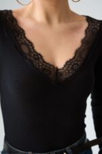 Black Lace Trim V-Neck Long Sleeve Top