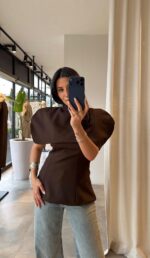 Brown Structured Asymmetrical Shoulder Top