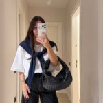 White Woven Top With Navy Scarf