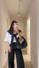 White Woven Top With Navy Scarf