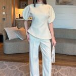 Cream Puff Sleeve Jacket and Pants Set