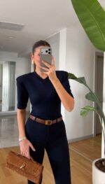Navy Blue V-Neck Structured Shoulder Body
