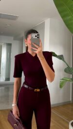 Burgundy V-Neck Structured Shoulder Body