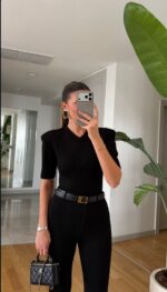 Black V-Neck Structured Shoulder Body