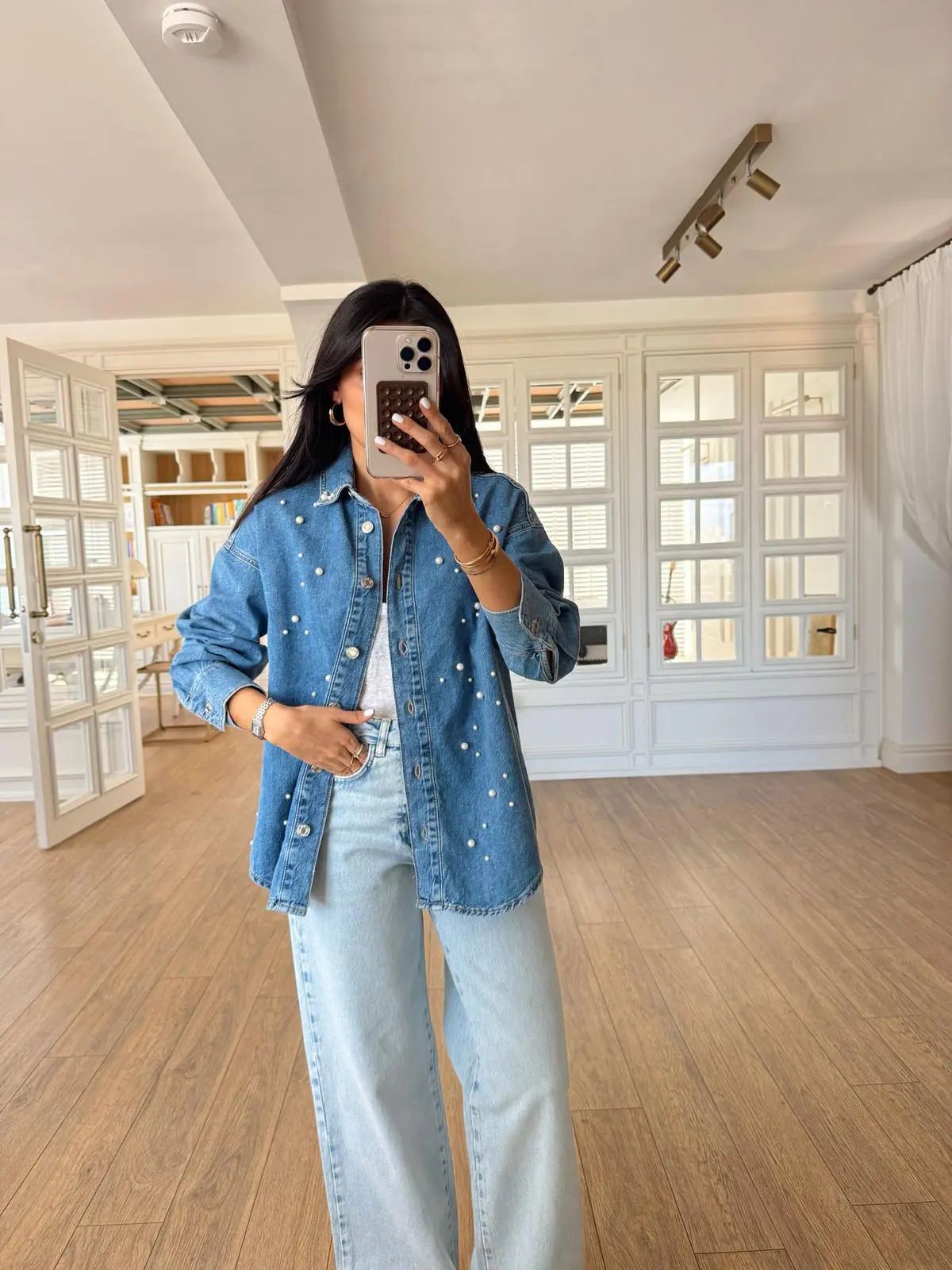 WhatsApp Image 2026-02-20 at 11.12.18 AM Blue Pearl Embellished Denim Shirt - Image 1