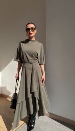 Olive Asymmetric Skirt With Top Set