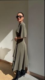 Olive Asymmetric Skirt With Top Set - Image 3