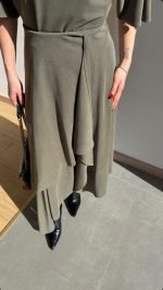 Olive Asymmetric Skirt With Top Set - Image 2