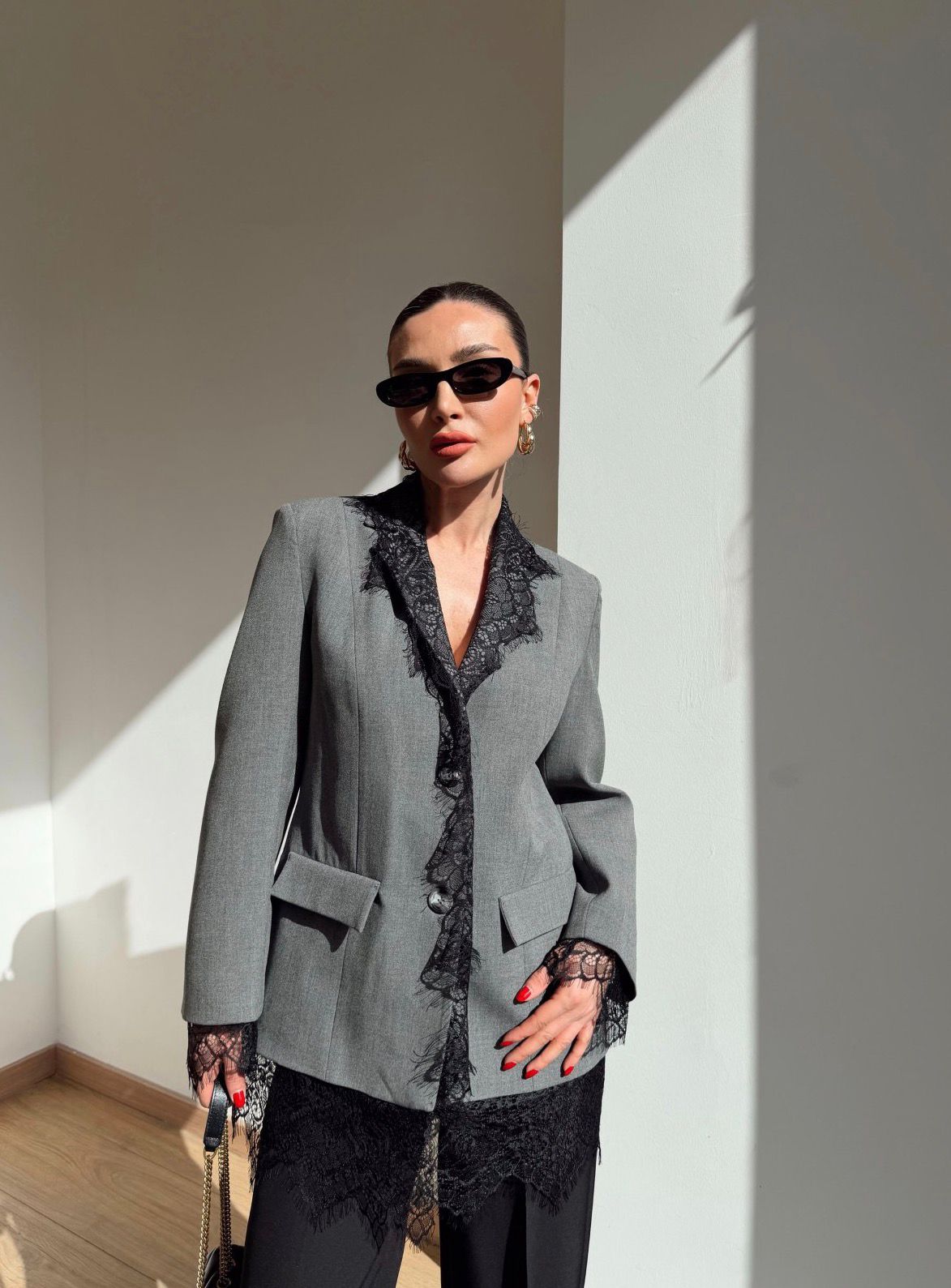 WhatsApp Image 2026-02-22 at 12.02.15 PM Gray Blazer With Lace Trim - Image 1