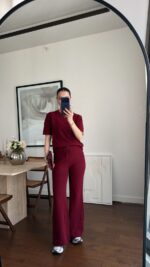 Burgundy Lounge Set With Short Sleeve Top