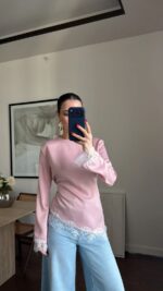 Pink Satin Blouse With Lace Trim