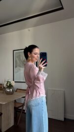 Pink Satin Blouse With Lace Trim - Image 3