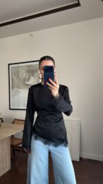 Black Satin Blouse With Lace Trim