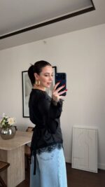 Black Satin Blouse With Lace Trim - Image 3