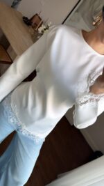 White Satin Blouse With Lace Trim - Image 3