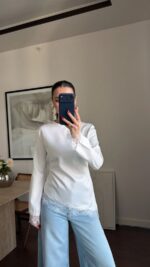 White Satin Blouse With Lace Trim