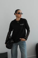 Black Graphic Tee With Lace Sleeves