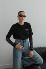 Black Graphic Tee With Lace Sleeves - Image 2