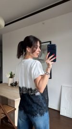 White Cropped T-Shirt With Black Lace Hem - Image 3