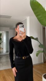 Black Lace Trim Long Sleeve Top