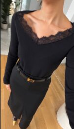 Black Lace Trim Long Sleeve Top - Image 3