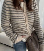 Beige and Gray Striped Knit Cardigan - Image 2