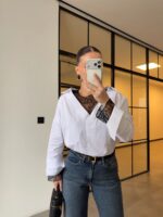 White Button-Up Shirt With Black Lace Trim - Image 3