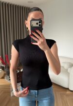 Black Ribbed Cap Sleeve Mock Neck Top