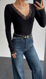 Black Lace Trim V-Neck Long Sleeve Top - Image 2