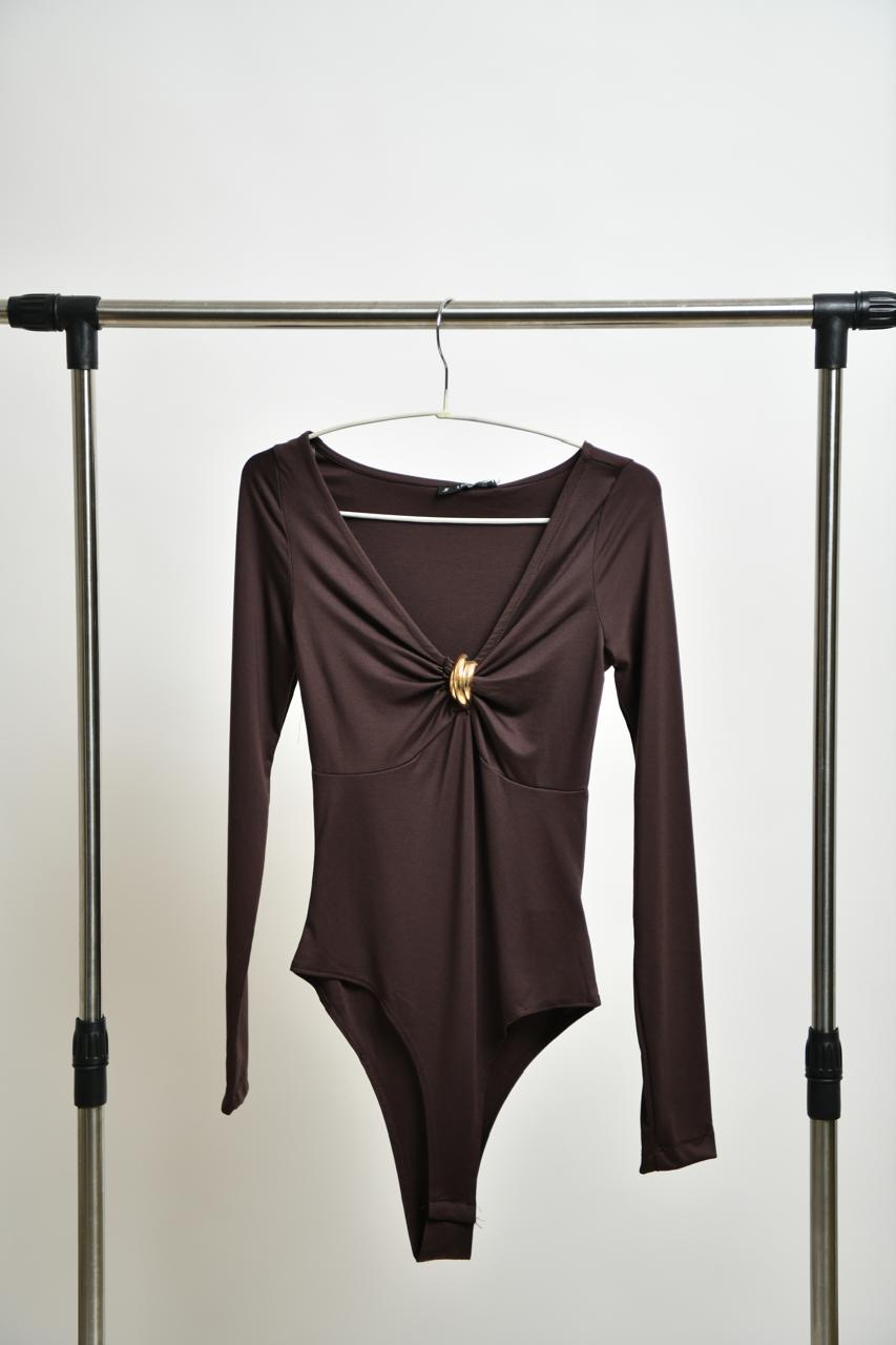 df1b1b73-b757-4018-b610-24dfb869801c Brown V-Neck Bodysuit - Image 1
