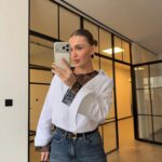 White Button-Up Shirt With Black Lace Trim