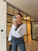 White Button-Up Shirt With Black Lace Trim
